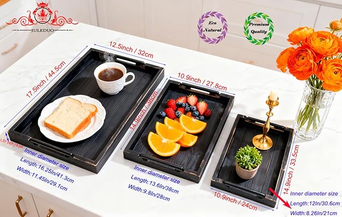 Coffee Table Tray Decorative Nested Vintage Wood Serving Tray Set for Eating, Breakfast, Party, Kitchen, Ottoman,Tea Coffee Table Large Ottoman Trays (Rustic Black, 3Pc)