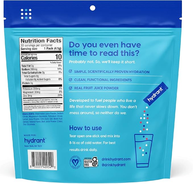 HYDRANT Hydrate No Added Sugar, Individual Hydration Electrolyte Powder Stick Packets with Zero Sugar and Electrolytes for Rapid Hydration (Watermelonade, 30 Count)