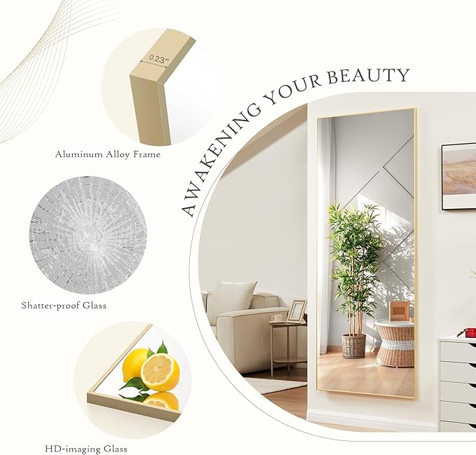 NEWBULIG Full Length Mirror, Upgraded Body Wall Mirrors with Shatter-Proof Glass, Floor Standing Mirror, Home Wall Decor