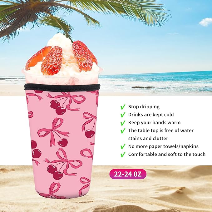 Reusable Neoprene Insulator Sleeve for Iced Coffee Cold Soda Cups, Cute Durable Drink Sleeve for Cold Beverages, Medium 22-28oz Cup Sleeve Cute Pink Bow