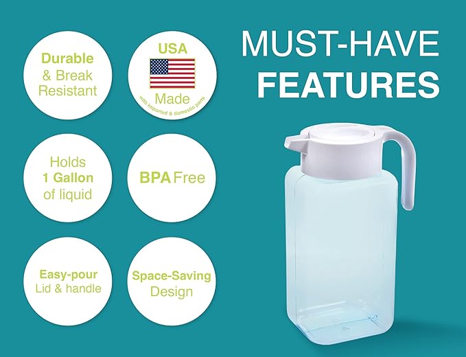 Arrow Home Products 1 Gallon Plastic Pitcher with Lid - Clear Plastic Pitcher for Refrigerator, Fill with Cold Drinks - BPA Free, Space-Saving Rectangular Design - Fill with Lemonade, Milk, Juice