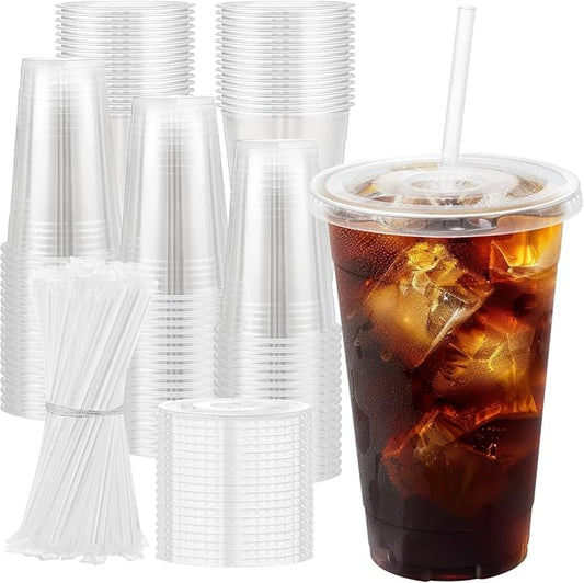 Clawsoff 100 Pack 20 oz Plastic Cups with Lids and Straws Sturdy Food Safe Iced Clear Coffee Cups Disposable Smoothie Cups for Cold Drinks