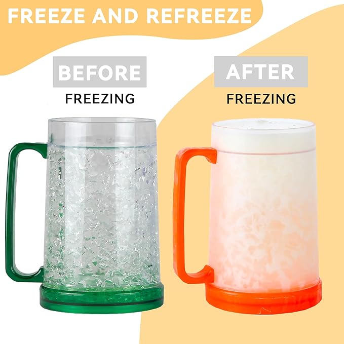 Lily's Home Freezer Beer Mugs, Set of 4-16oz Double Wall Gel-Filled Acrylic Frosty Stein, Break-Resistant with Color-Coded Handles for Home Bar, Pool Parties, BBQ & Outdoor Gifts