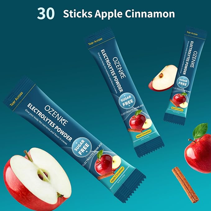Electrolytes Powder Packets, 30 Sticks Hydration Packet Sugar Free, Electrolyte Drink Mix Travel Electrolyte for Rapid Hydration, Apple Cinnamon