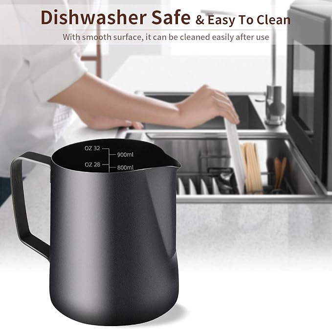 Milk Frothing Pitcher, Stainless Steel Espresso Steaming Pitcher 320Z/900ML Coffee Milk Frother Cup with Decorating Art Pen for Espresso Machine, Milk Frother, Latte Art Black