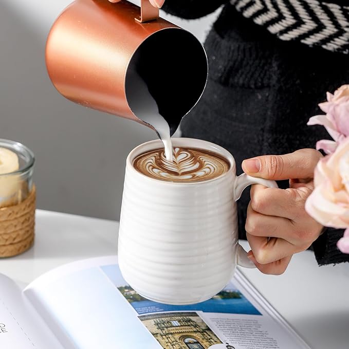 HASENSE Coffee Mugs, 12 Ounce Ceramic Coffee Cups Set of 4, Latte Mug with Handle for Milk, Cocoa, Cappuccino, Tea Cup for Wedding Gift, Dishwasher Microwave Safe, Clay-Infused White