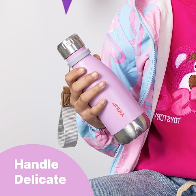 VINUR 9 oz Small Water Bottle for Kids-Stainless Steel Vacuum Insulated Water Bottle for School-Cola Shape Leak Proof Flask with Carry Rope, Purple