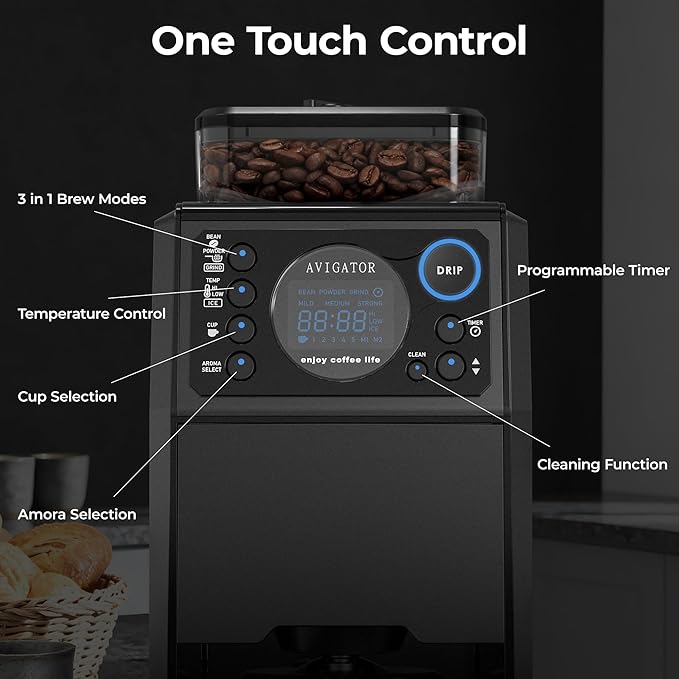 Programmable 5 Cup Coffee Maker with Grinder Built In, Automatic Drip Coffee Machine with Timer, Removable Tank, 22 oz Glass Carafe and Hot Plate, for Home Dorm and Office, Matt Black