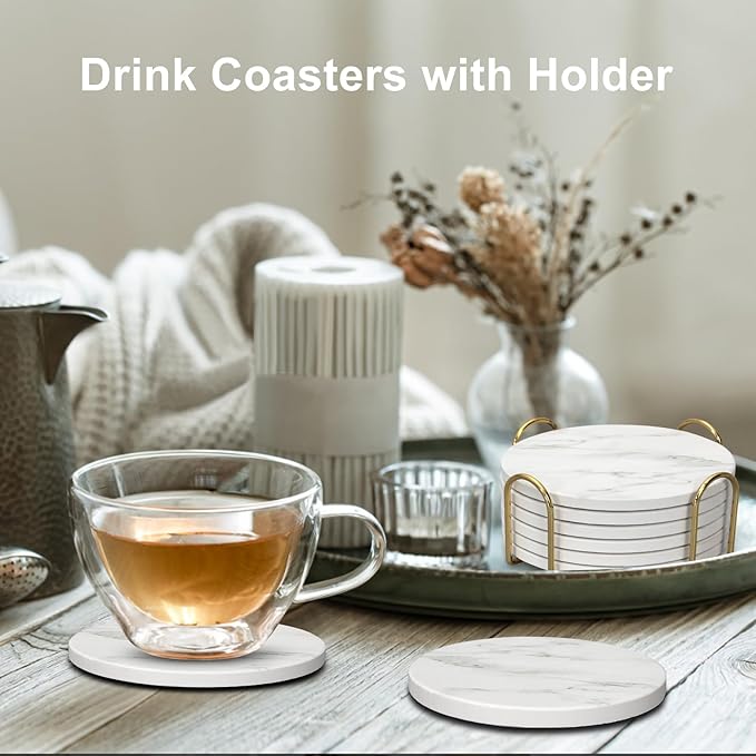 White Marble Coasters Set of 6 - Round Ceramic Absorbent Coasters with Holder for Lounge, Bar, Coffee, Cup, Table, Desk