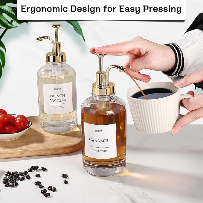 MHDCLY Coffee Bar Accessories, Coffee Syrup Dispenser - 4pack,16.9oz Syrup Dispenser with Labels,Syrup Pump Dispenser for Coffee Bar(Gold Pump)