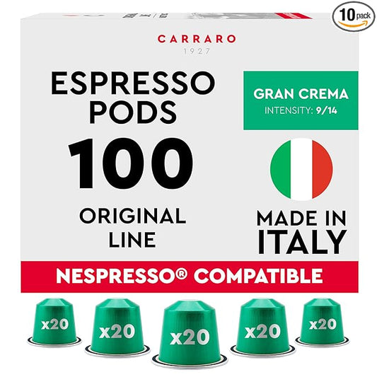 CARRARO 1927 Gran Crema - 100 Aluminum Espresso Pods Compatible with Nespresso Original line - Intensity 9/14, Medium Roast Espresso Capsules Made in Italy
