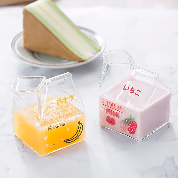 Kawaii Glass Milk Carton Cup Clear Cute Milk Cup Mini Creamer Pitcher Container Microwavable 12 Oz, 1Pcs(Banana)