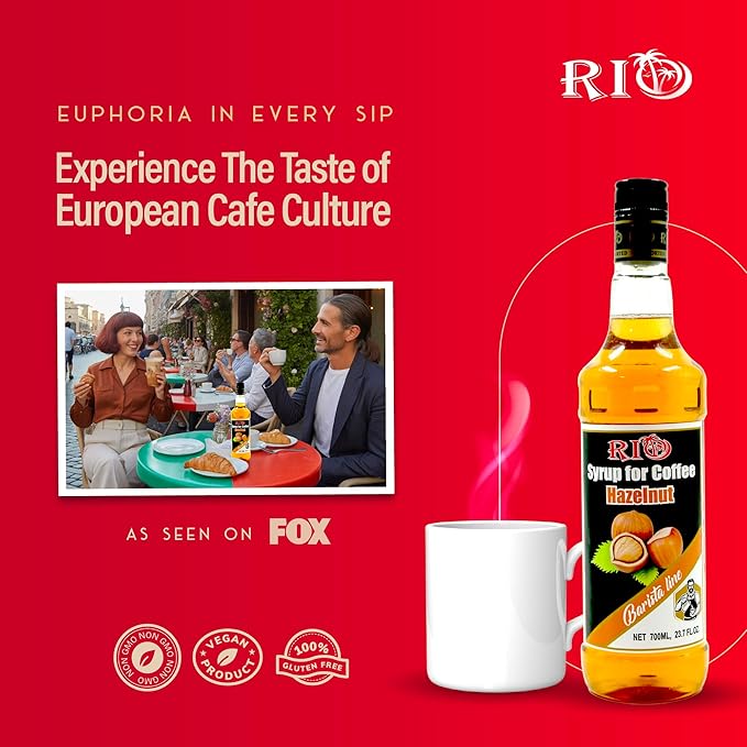 RIO Hazelnut Coffee Syrup, Perfect for Hot or Iced Drinks & Desserts, Warm & Inviting Flavor Sweetened with Pure Cane Sugar, Barista-Grade Flavor Syrups for Coffee Drinks at Home & Work - 700ml