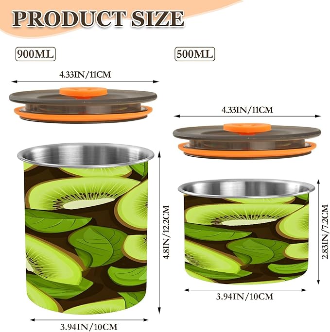 Qilmy Kiwi Fruit Air-Less Vacuum Coffee Storage Container-Airtight Stainless Steel Food Canister with Lid for Beans, Ground Coffee, Tea, Dry Goods, 17oz Kitchen Organizer Jar