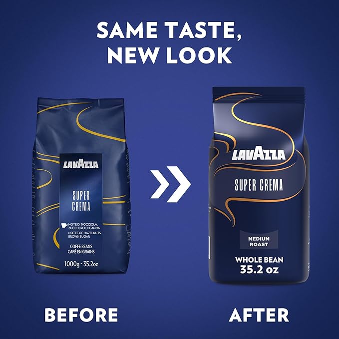 Lavazza Super Crema Whole Bean Coffee, Medium Espresso Roast, Arabica and Robusta Blend, 2.2 lb Bag (Pack of 6)