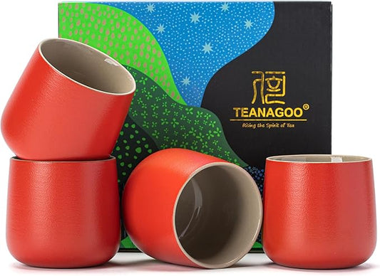 TEANAGOO Japanese Tea Cup, 7.2Oz / 205 ml,Red, H19, 4 Pcs/box, Japansese Cups,Chinese Tea Cups, Occupied Japan Tea Cups