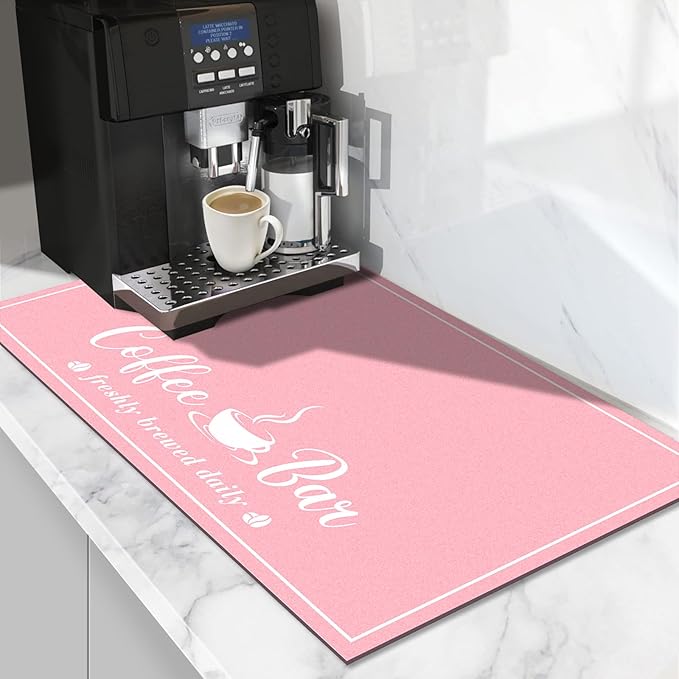 Absorbent Coffee Mat, Fashion Dish Drying Mat for Kitchen Counter Coffee Bar Accessories Espresso Machine Dish Rack 12" x 20" Pink