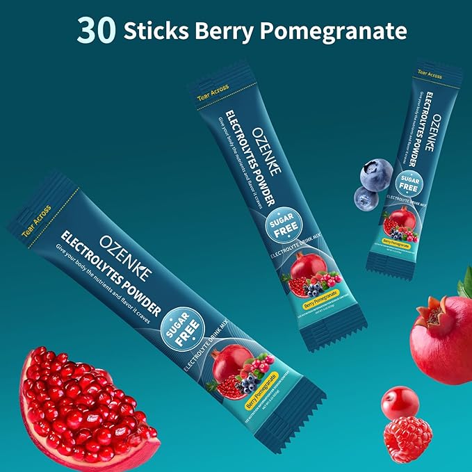 Electrolytes Powder Packets, 30 Sticks Hydration Packet Sugar Free, Electrolyte Drink Mix Travel Electrolyte for Rapid Hydration, Berry Pomegranate