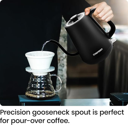 Chefman Gooseneck Electric Kettle, 0.8L Pour Over Tea Kettle for Coffee and Tea, One-Touch Operation, Boil-Dry Protection, Auto Shut-Off, Ultra-Fast Hot Water Boiler – Black (Renewed)