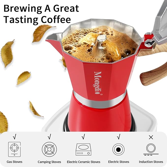 Mongdio Stovetop Espresso Maker Moka Pot, Cuban Coffee Maker Stove top coffee maker Moka Italian Espresso Greca Coffee Maker Brewer Percolator, 6 Espresso Cups, 10 oz - Red