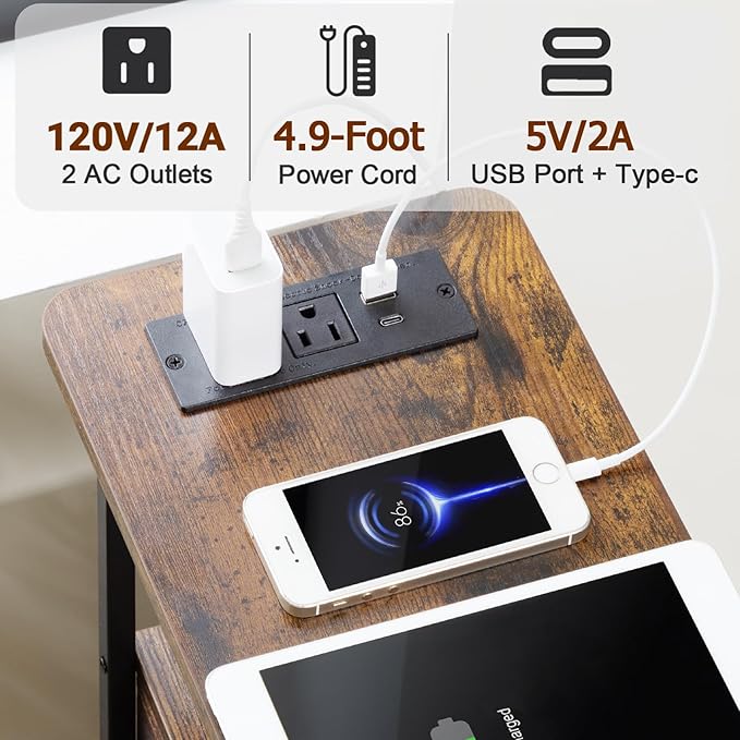 Narrow End Table Living Room with Charging Station, Skinny Side Table with Fabric Drawers, Slim LED Nightstand for Bedroom, Small Spaces, Couch, Rustic Brown, HETNDP03LPBR-1