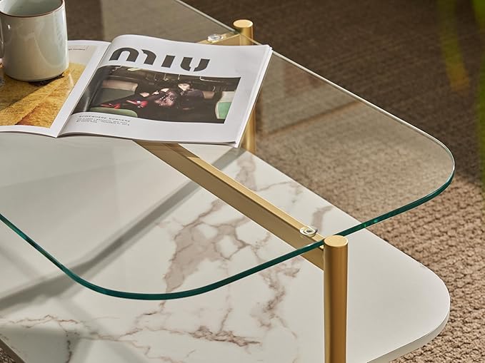 Shrine Oval Coffee Table, Mid-Century Modern Design, 2-Tier Structure, Clear Glass Top and White MDF Shelf, 41" D x 21" W x 17" H, Sleek Conical Metal Legs with Gold Finish