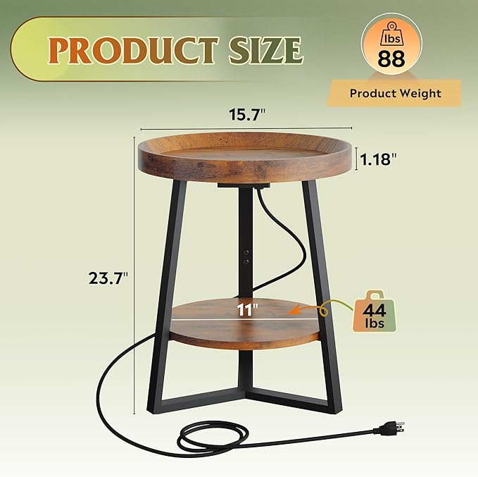WLIVE Round End Table with Charging Station, Small Round Coffee Table, 2 Tier Side Table for Living Room/Bedroom, Sofa Couch, Wood Tabletop & Metal Frame, Rustic Brown