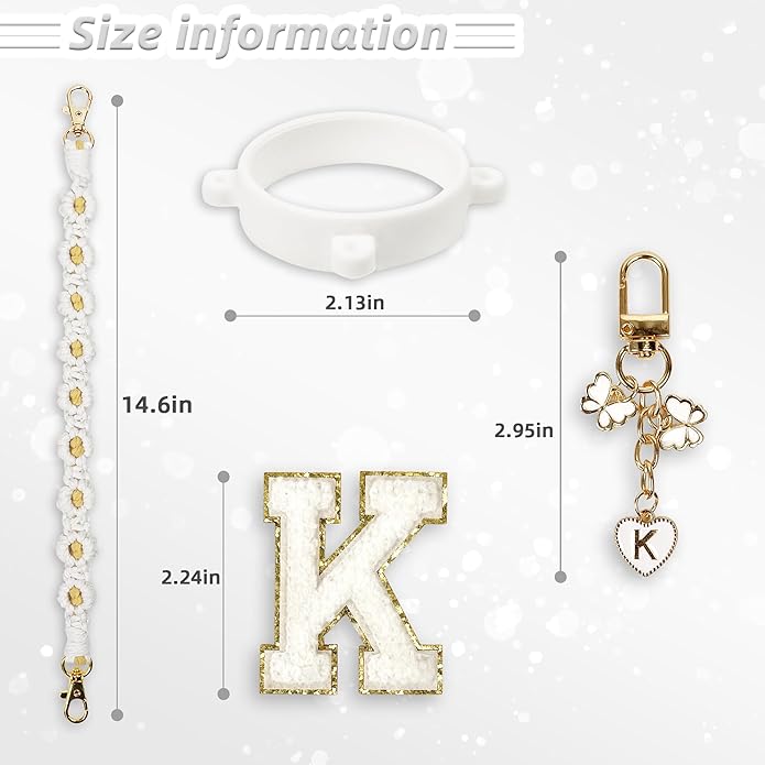 Compatible with Owala Water Bottle Accessories, Cute Letter Charm Set with Boho Handle Strap, Monogram Sticker, Silicone Ring, Keychain Decoration, for FreeSip 24 32 40oz, Owala Kids, Tumbler Gift