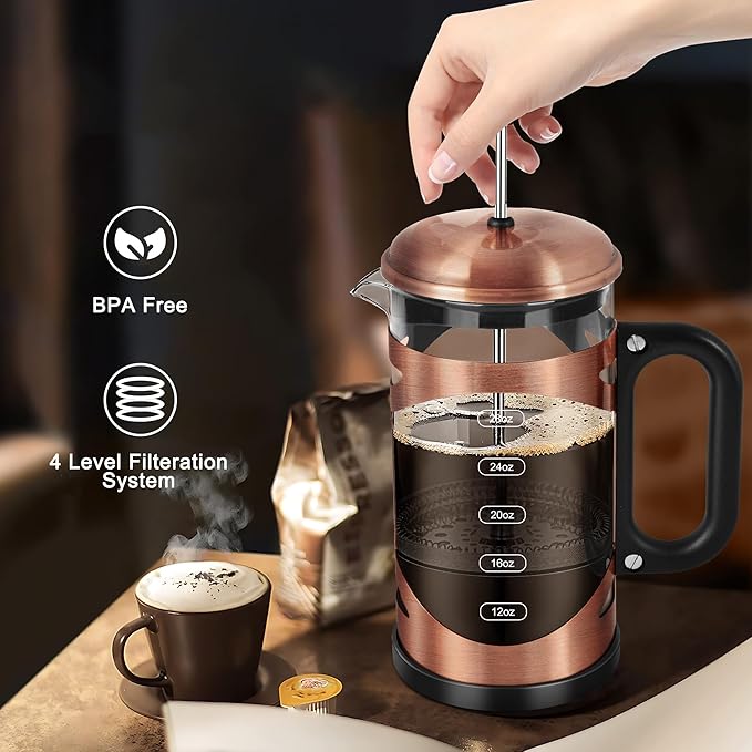 YMMIND 34 Ounce French Press Coffee Maker Copper Stainless Steel Coffee Press, with 4-Level Filter System, Heat Resistant Thickness Borosilicate Glass, BPA-Free Brewed Coffee Pot for Camping Gifts