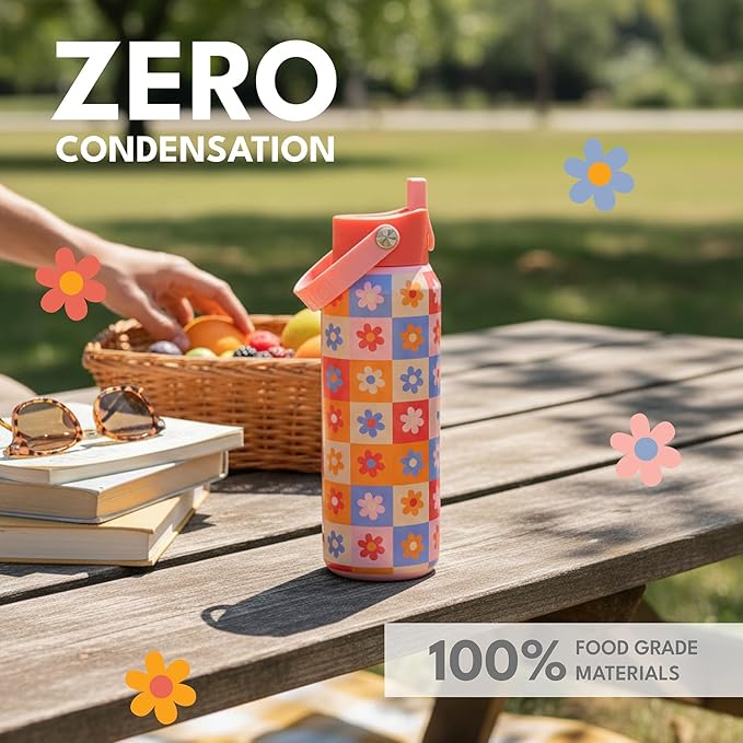 Elemental 40oz Insulated Water Bottle with Straw - 100% Leak-Proof Stainless Steel Core Water Bottles for Travel, Sports and Gym - Double Wall Insulation & BPA Free - Checkered Flower