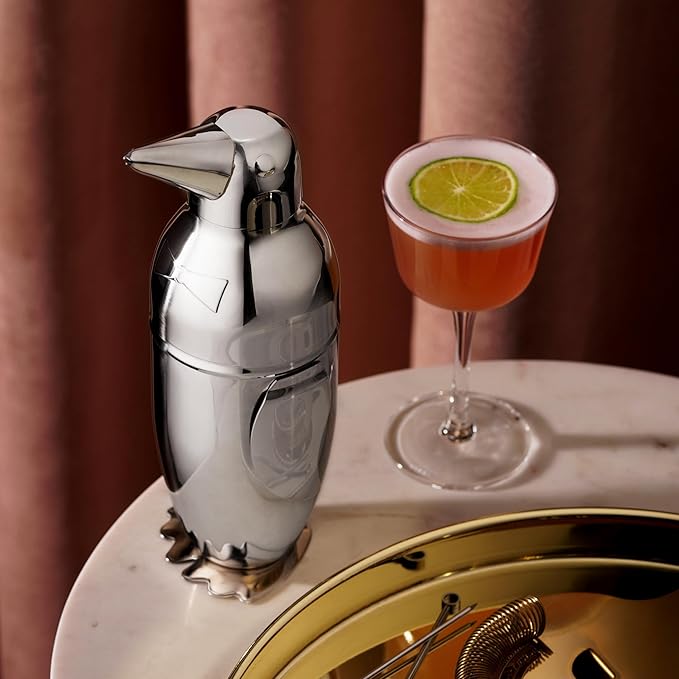 Viski Penguin Cocktail Shaker with Strainer, Stainless Steel Cobbler Shaker for Margaritas, Whiskey Sours & Other Cocktails, Bar Cart Accessories for Home Bars, Cocktail Party Essentials, 17 oz