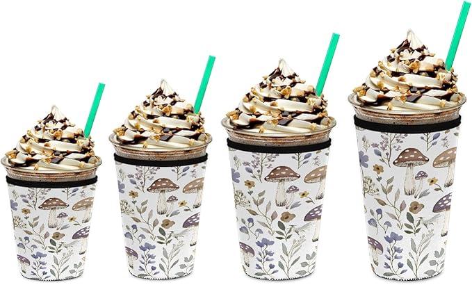 Wildflowers Mushroom Iced Coffee Sleeve for Cold Drink Cups, Reusable Neoprene Insulated Drink Sleeves Cup Cover for Beverages, Fits 22-24 oz