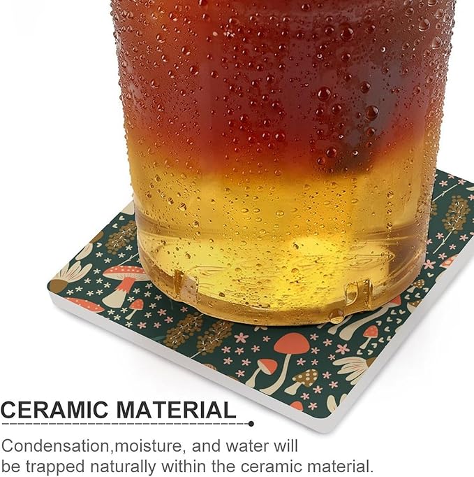Botanical Drink Coasters, Square Ceramic Drink Coaster Square-6PCS, Cartoon Green Botanical Floral Leaves Mushroom Plant Decor Absorbent Ceramic Coasters for Beverage Cup, Bar, Coffee Table
