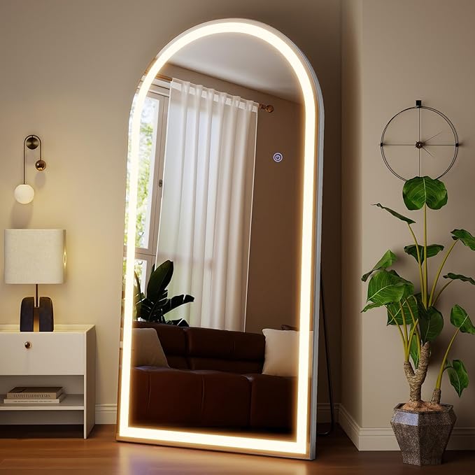 VooBang 71"x32" LED Large Mirror Full Length - Arched Floor Body Mirror with Dimmable Lights - 3 Color Modes, Standing Leaning Wall Mounted for Bedroom, Dressing Room