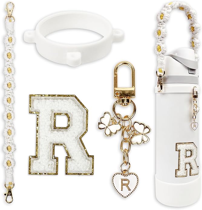 Compatible with Owala Water Bottle Accessories, Cute Letter Charm Set with Boho Handle Strap, Monogram Sticker, Silicone Ring, Keychain Decoration, for FreeSip 24 32 40oz, Owala Kids, Tumbler Gift