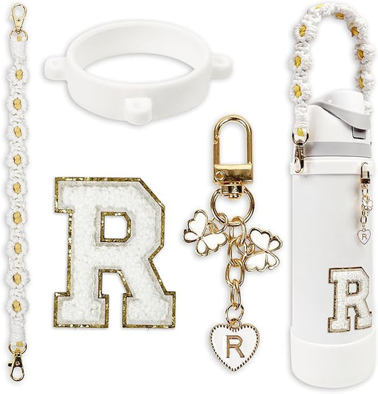 Compatible with Owala Water Bottle Accessories, Cute Letter Charm Set with Boho Handle Strap, Monogram Sticker, Silicone Ring, Keychain Decoration, for FreeSip 24 32 40oz, Owala Kids, Tumbler Gift