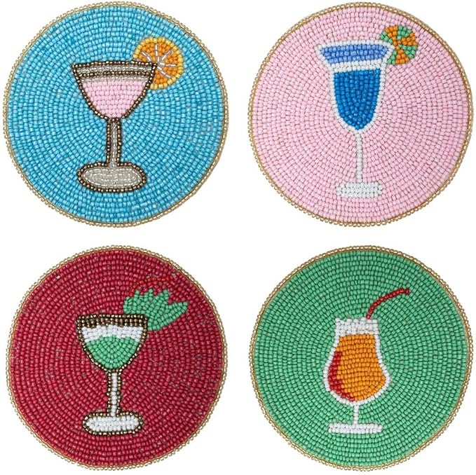 Folkulture Boho Coaster Set of 4 | 4" Round Decorative Drink Mats or Cocktail Coasters for Coffee Table & Farmhouse Decor | Cute & Stylish Table Accessories for Cups, Wine Glasses, Bar, Party or Gift
