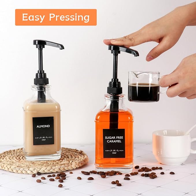 BIGIVACA Coffee Syrup Dispenser 16 oz 2 Pack,Clear Glass Syrup Bottle with 1/4oz Capacity Pump,Syrup Dispenser for Coffee Bar with Plastic Pump