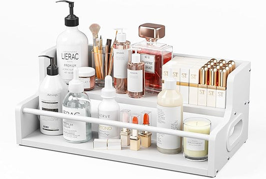 KLM Wood 2-Tier Liquor Bottle Display Shelf, Bar Counter Organizer with Metal Rod, Mini Bar Storage Rack (White)