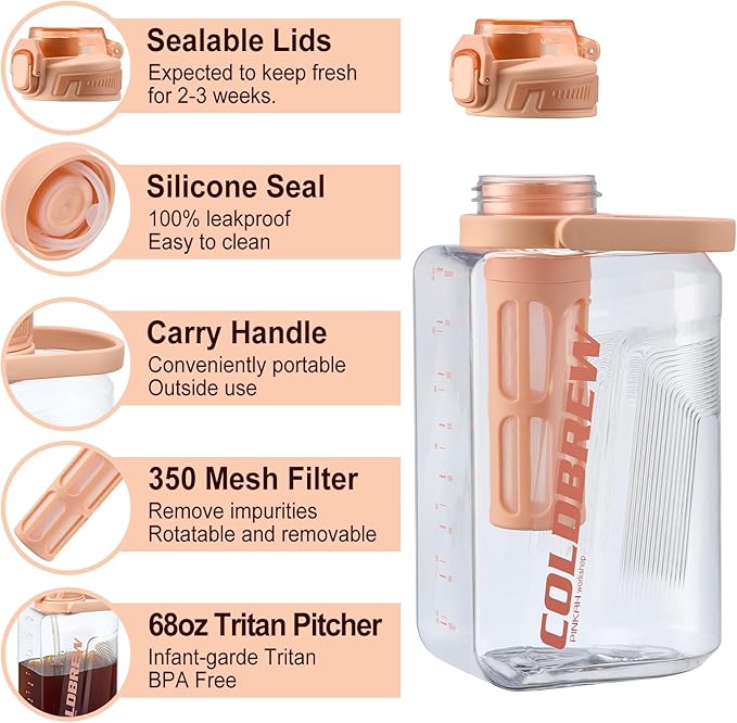 Itslife Cold Brew Coffee Maker, 68oz Iced Coffee Tritan Pitcher with Filter, 2 Pour Spout Lids For Airtight & Leak-Proof Coffee Barrel(Black)