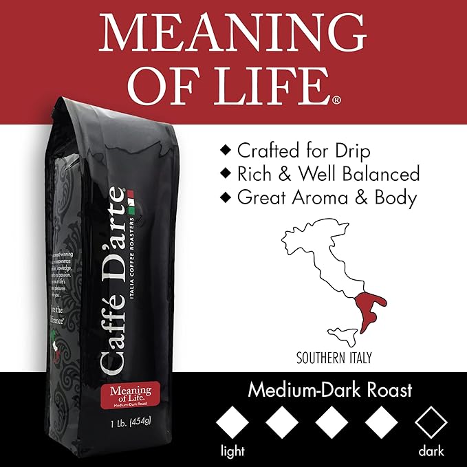 Caffe D'arte Meaning of Life Ground Coffee – Medium Dark Roast, Rich & Well-Balanced Flavor with Great Aroma, Crafted for Drip Brewing, Fresh Roasted in Seattle, 1 Pound (Pack of 2)
