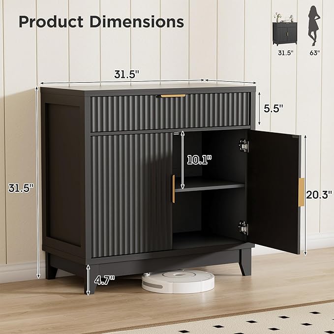 Vabches Fluted Sideboard Buffet Cabinet with Storage, 32" Wide Coffee Bar Console Table with Drawer, Fluted Doors & Adjustable Shelf, Wood Buffet Table for Living Room, Kitchen Dining Room, Black