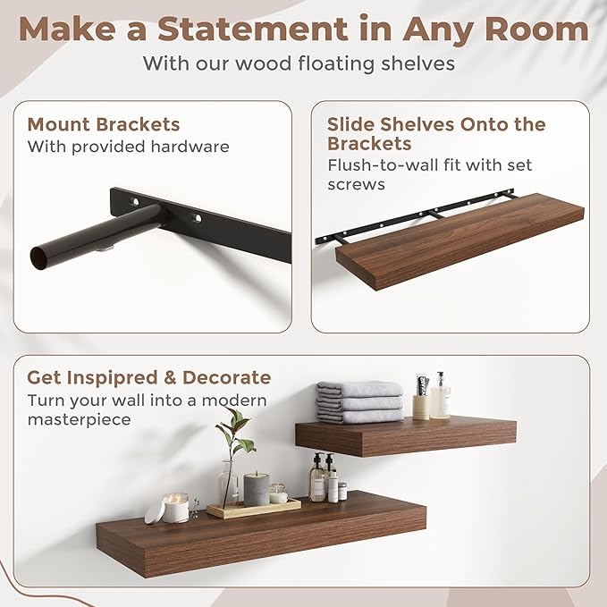 Marsmiles 12" Deep Floating Shelves for Wall with Invisible Brackets, Wall Mounted Engineered Wood Shelves with Wood Grain for Living Room, Bedroom, Kitchen Decor and Storage, 55" L Set of 1, Walnut