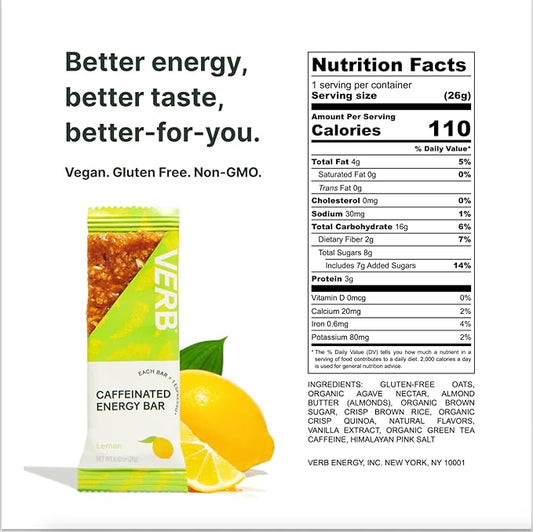 Verb Caffeinated Energy Bars Lemon (26g, Pack of 16) 110-Calorie Delicious Low Sugar Energy Bar - Vegan Gluten Free On-the Go Snack with 80mg Green Tea Caffeine, Only Real-Food Ingredients