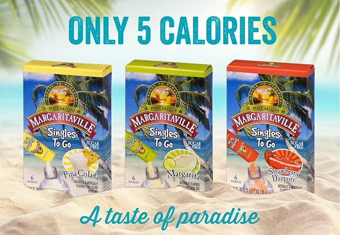 Margaritaville Singles To Go Water Drink Mix - Margarita Flavored, Non-Alcoholic Powder Sticks (3 Boxes with 6 Packets Each - 18 Total Servings)