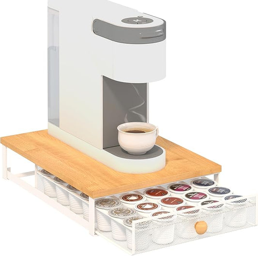 Coffee Pod Holder Counter Coffee Vertuo Capsules Storage Organizer with Sliding Drawer Compatible For K-Cup Pods Nespresso Pods No Assembly Needed Oak Color