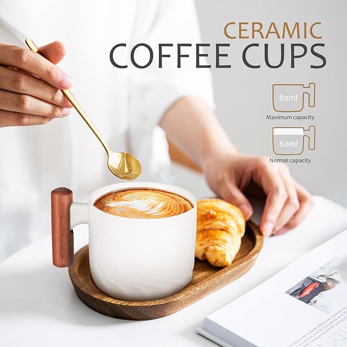 RUNROTOO Porcelain Ceramic Tea Cups, Espresso Cups Wooden Handle, Modern Demitasse, Microwave and Dishwasher Safe