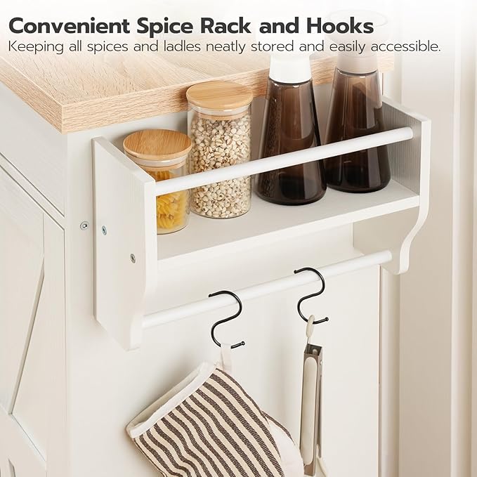 HOOBRO Kitchen Island with Power Outlet,43.3" Rolling Kitchen Island with Storage, Rolling Cart with Spice Rack and Hooks, for Dining, Living Room, White and Natural WN11UZD01
