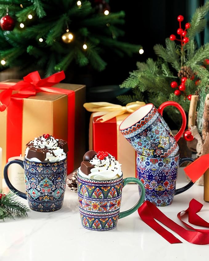 HASENSE Coffee Mugs, 15 OZ Coffee Cups Ceramic Set of 4 with Handle and Bohemian Style for Man Woman, Vintage Stoneware Porcelain Coffee Cups Set for Tea, Cocoa, Milk, Latte and Cappuccino - Multi