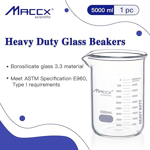 170oz(5000ml) Sturdy Glass Beaker, Heavy-Duty 5L Lab Beakers，3.3 Borosilicate Low Form with Printed Graduation, BKL5K0-001